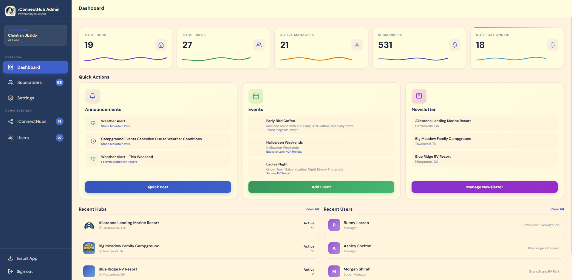 BlueSpot Hub – Campground & RV Resort PWA Platform screenshot